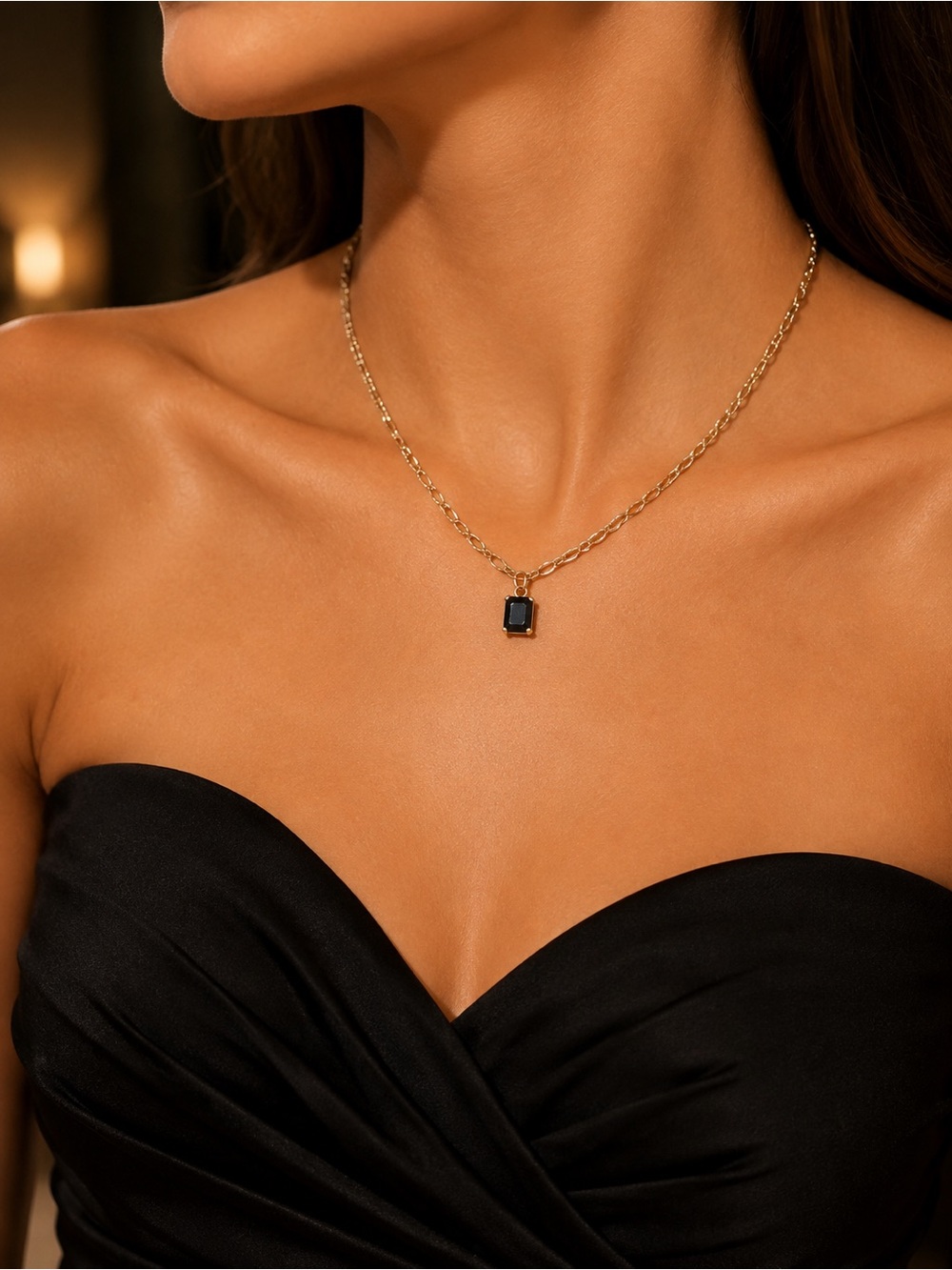 Gold Filled Chain Necklace with Black Pendant - Women's Jewelry
